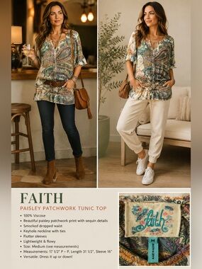Paisley Tie-Neck Tunic Top in Multi-Color